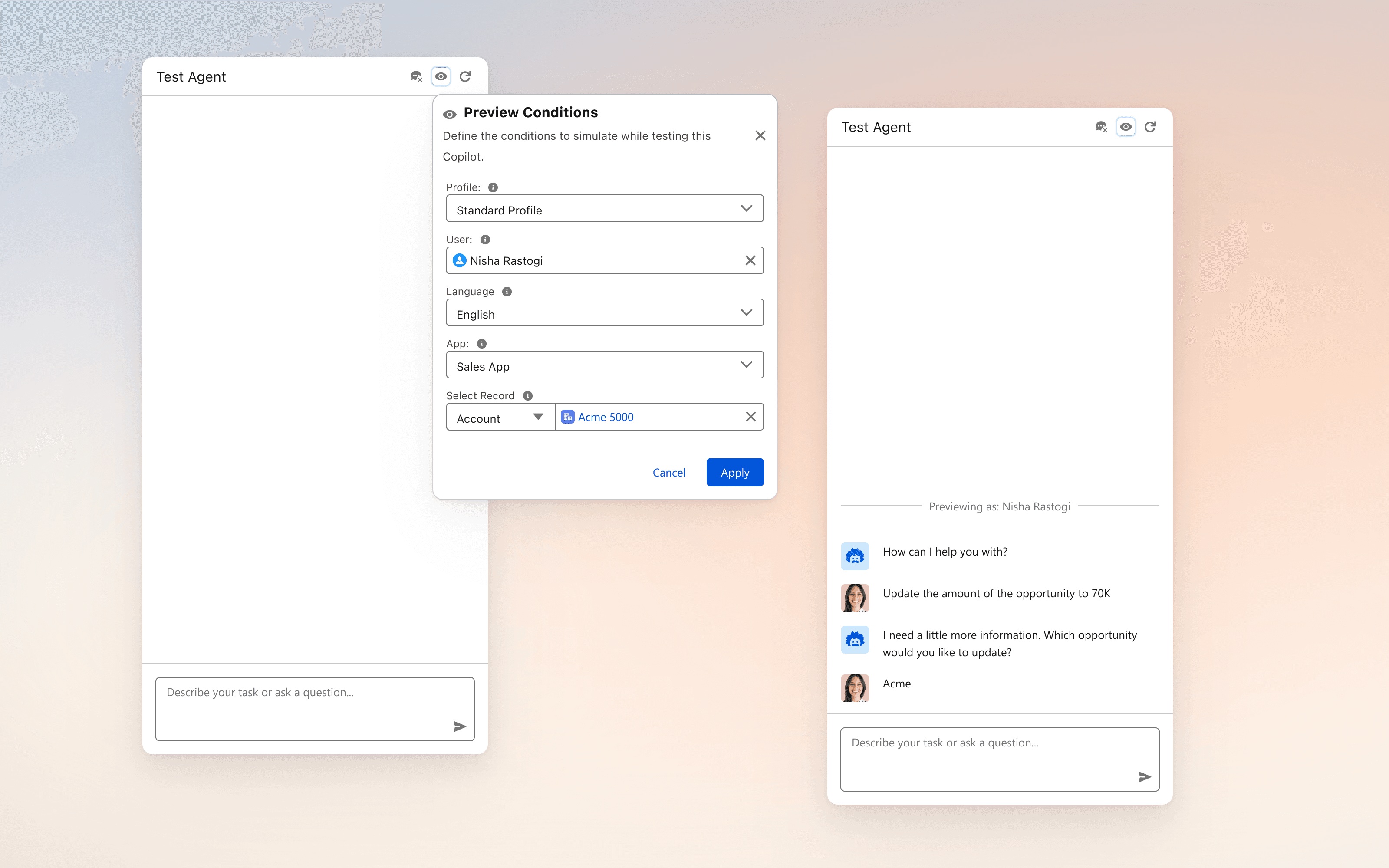 Testing the agent conversation in each configured language inside Agent Builder
